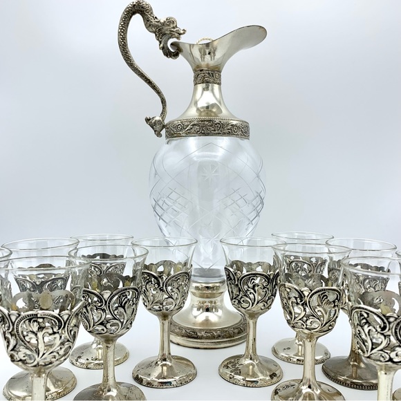 Vintage Italian Silver Plated Crystal Ewer Dragon Victorian Decanter, 12 Glasses - Picture 9 of 15